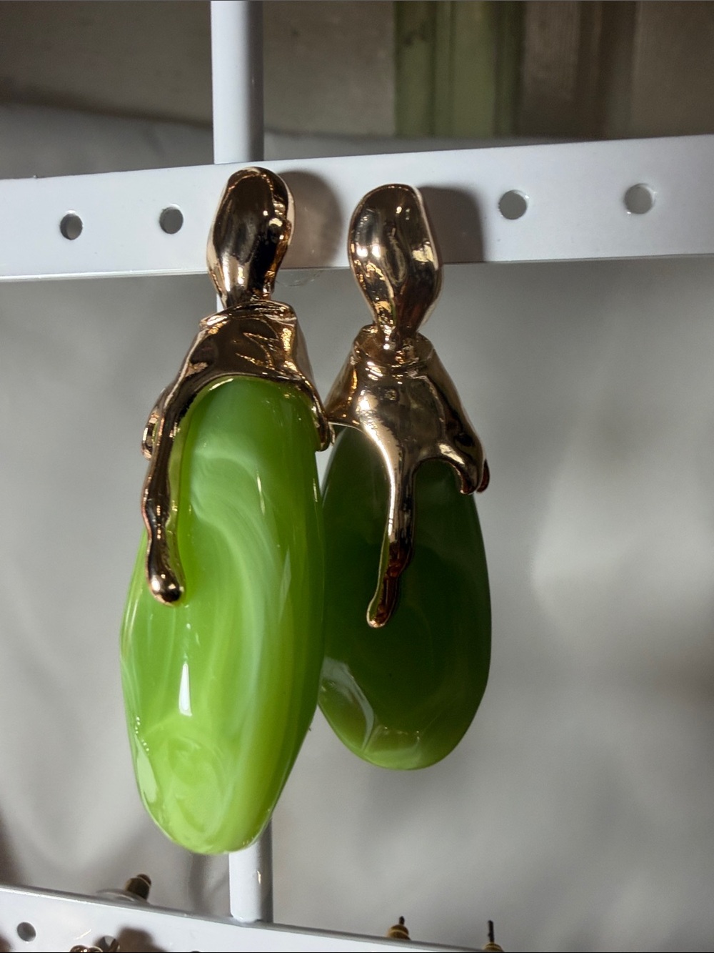 Green Resin Drop Earrings with Gold Tone Accents